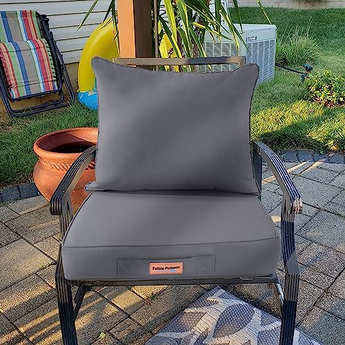 Faible Poisson Outdoor Chair Cushions, 20 x 20 Inch Waterproof Patio Furniture Back & Deep Seat Cushion Set with Handle and Anti-Slip Straps for Indoor Garden Camping, Plain Dark Grey