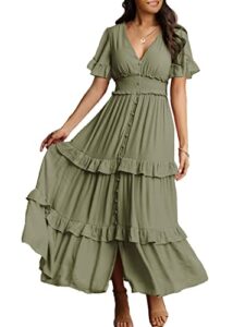 amegoya women's summer boho tiered maxi dress v neck smocked hight waist long flowy dress (army green s)