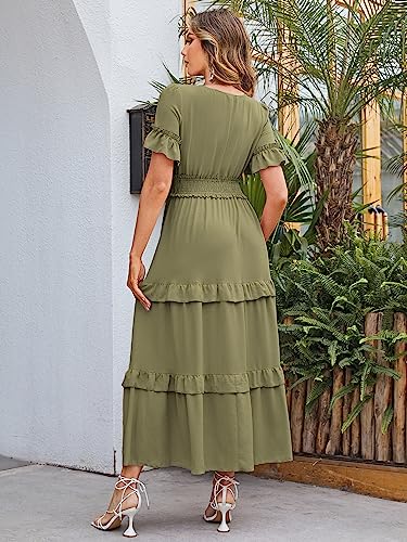 Amegoya Women's Summer Boho Tiered Maxi Dress V Neck Smocked Hight Waist Long Flowy Dress (Army Green S)