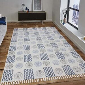 casavani hand block printed rug abstract blue & beige tassel rug easy care washable rugs for doormat entryway living room bedroom hallway balcony 2.6x8 feet runner