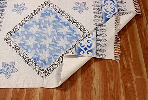 Casavani Hand Block Printed Cotton Dhurrie Geometric Blue & Beige Tassel Rug Easy Care Washable Rugs for Doormat Entryway Living Room Bedroom Hallway Balcony 4x8 Feet