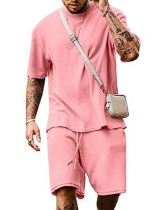 babioboa men's sweatsuit short sleeve t shirt suit summer waffle tee short sets casual daily duty-off 2 pieces(pink,s)