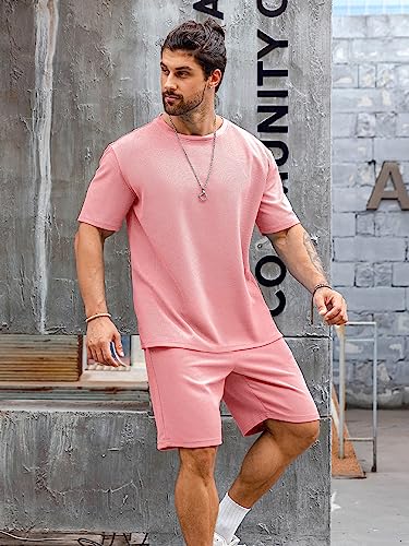 Babioboa Men's Sweatsuit Short Sleeve T Shirt Suit Summer Waffle Tee Short Sets Casual Daily Duty-off 2 pieces(Pink,S)