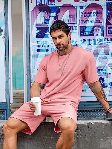 Babioboa Men's Sweatsuit Short Sleeve T Shirt Suit Summer Waffle Tee Short Sets Casual Daily Duty-off 2 pieces(Pink,S)