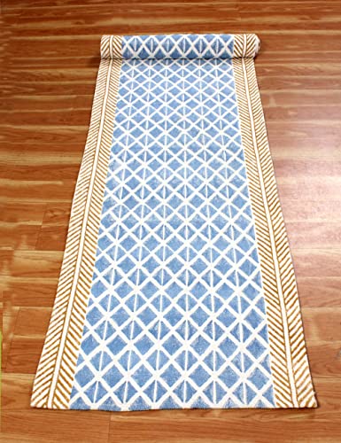 Casavani Indian Handmade Cotton Dhurrie Striped Blue & Brown Area Rug Boho Kilim Flat Weave Rug Indoor Hall Room Decor Carpet Throw Rugs for Bedroom Living Room Bathroom Balcony 8x10 Feet