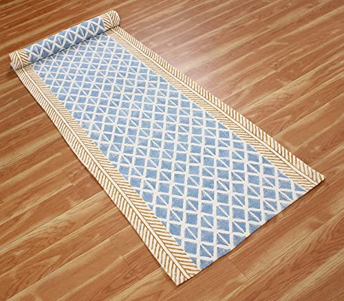 Casavani Indian Handmade Cotton Dhurrie Striped Blue & Brown Area Rug Boho Kilim Flat Weave Rug Indoor Hall Room Decor Carpet Throw Rugs for Bedroom Living Room Bathroom Balcony 8x10 Feet