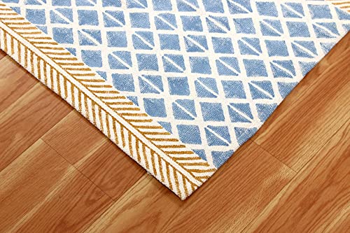 Casavani Indian Handmade Cotton Dhurrie Striped Blue & Brown Area Rug Boho Kilim Flat Weave Rug Indoor Hall Room Decor Carpet Throw Rugs for Bedroom Living Room Bathroom Balcony 8x10 Feet