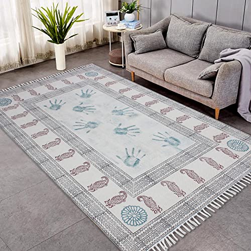 Casavani Hand Block Printed Cotton Dhurrie Bordered Blue & Brown Area Rug Doormat Floor Rug Indoor Area Rugs for Bedroom Living Room Laundry Room 6x8 Feet