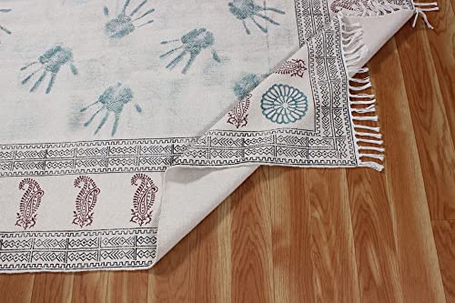 Casavani Hand Block Printed Cotton Dhurrie Bordered Blue & Brown Area Rug Doormat Floor Rug Indoor Area Rugs for Bedroom Living Room Laundry Room 6x8 Feet