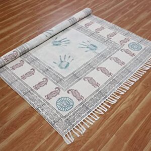 Casavani Hand Block Printed Cotton Dhurrie Bordered Blue & Brown Area Rug Doormat Floor Rug Indoor Area Rugs for Bedroom Living Room Laundry Room 6x8 Feet