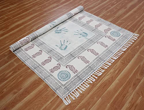 Casavani Hand Block Printed Cotton Dhurrie Bordered Blue & Brown Area Rug Doormat Floor Rug Indoor Area Rugs for Bedroom Living Room Laundry Room 6x8 Feet