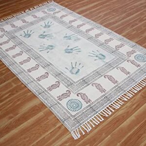 Casavani Hand Block Printed Cotton Dhurrie Bordered Blue & Brown Area Rug Doormat Floor Rug Indoor Area Rugs for Bedroom Living Room Laundry Room 6x8 Feet