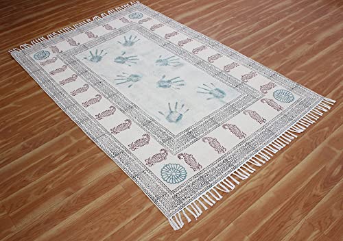 Casavani Hand Block Printed Cotton Dhurrie Bordered Blue & Brown Area Rug Doormat Floor Rug Indoor Area Rugs for Bedroom Living Room Laundry Room 6x8 Feet