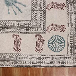 Casavani Hand Block Printed Cotton Dhurrie Bordered Blue & Brown Area Rug Doormat Floor Rug Indoor Area Rugs for Bedroom Living Room Laundry Room 6x8 Feet