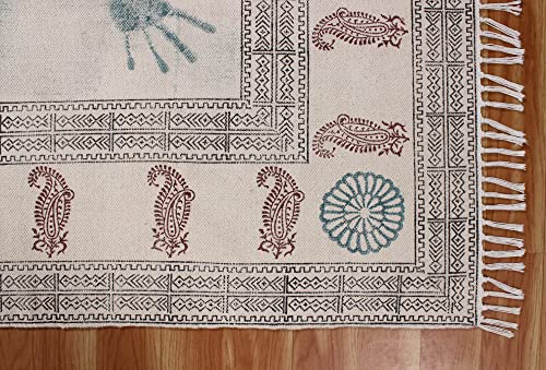 Casavani Hand Block Printed Cotton Dhurrie Bordered Blue & Brown Area Rug Doormat Floor Rug Indoor Area Rugs for Bedroom Living Room Laundry Room 6x8 Feet