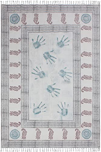 Casavani Hand Block Printed Cotton Dhurrie Bordered Blue & Brown Area Rug Doormat Floor Rug Indoor Area Rugs for Bedroom Living Room Laundry Room 6x8 Feet