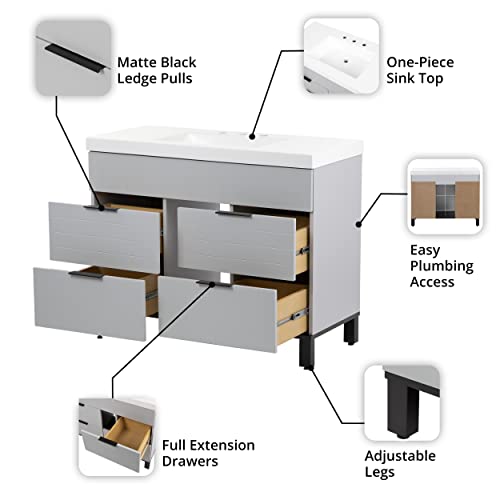 Spring Mill Cabinets D42V40259 Mayim Freestanding Bathroom Vanity with 4 Drawers and White Sink Top, Pearl Grey