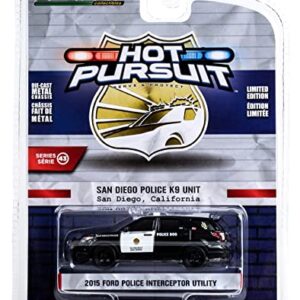 2015 Police Interceptor Utility Black & White San Diego Police K9 Unit, San Diego, CA Hot Pursuit 1/64 Diecast Model Car by Greenlight 43010 E