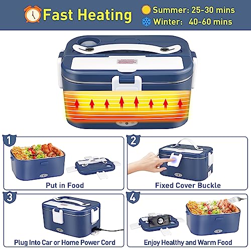 AosFero 80W1.8L Portable Heated Electric Lunch Box,3 in1 food warmer lunch box（12/24/110-230V） suitable for Car/Truck/Home.Free 120ml salad bottle and dishwashing cotton, with fork、spoon、carrying bag
