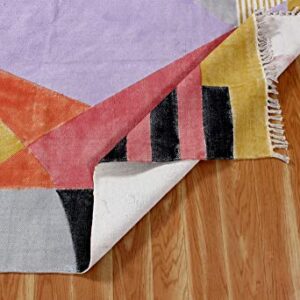 Casavani Hand Made Cotton Dhurrie Geometric Yellow & Pink Tassel Rug Easy Care Washable Rugs for Doormat Entryway Living Room Bedroom Hallway Balcony 4x12 Feet Runner