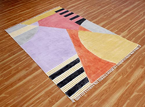 Casavani Hand Made Cotton Dhurrie Geometric Yellow & Pink Tassel Rug Easy Care Washable Rugs for Doormat Entryway Living Room Bedroom Hallway Balcony 4x12 Feet Runner