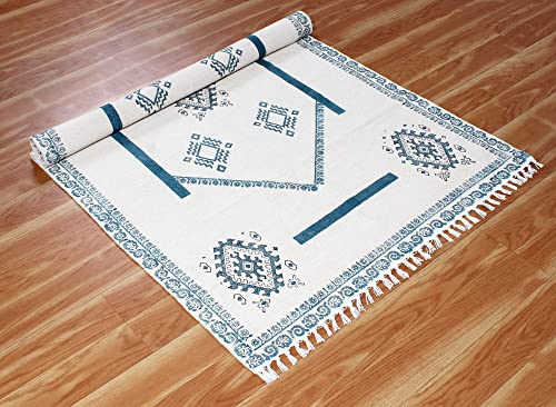 Casavani Hand Block Printed Cotton Dhurrie Geometric Tassel Rug Boho Area Rug Easy Care Washable Rugs for Doormat Entryway Living Room Bedroom Hallway Balcony 12x15 Feet