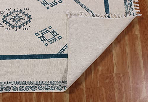 Casavani Hand Block Printed Cotton Dhurrie Geometric Tassel Rug Boho Area Rug Easy Care Washable Rugs for Doormat Entryway Living Room Bedroom Hallway Balcony 12x15 Feet