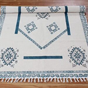 Casavani Hand Block Printed Cotton Dhurrie Geometric Tassel Rug Boho Area Rug Easy Care Washable Rugs for Doormat Entryway Living Room Bedroom Hallway Balcony 12x15 Feet