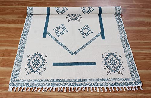 Casavani Hand Block Printed Cotton Dhurrie Geometric Tassel Rug Boho Area Rug Easy Care Washable Rugs for Doormat Entryway Living Room Bedroom Hallway Balcony 12x15 Feet