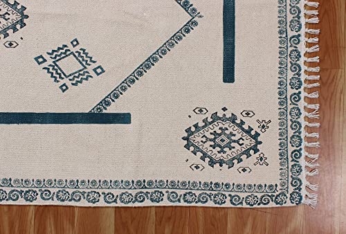 Casavani Hand Block Printed Cotton Dhurrie Geometric Tassel Rug Boho Area Rug Easy Care Washable Rugs for Doormat Entryway Living Room Bedroom Hallway Balcony 12x15 Feet