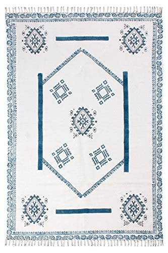 Casavani Hand Block Printed Cotton Dhurrie Geometric Tassel Rug Boho Area Rug Easy Care Washable Rugs for Doormat Entryway Living Room Bedroom Hallway Balcony 12x15 Feet