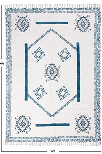 Casavani Hand Block Printed Cotton Dhurrie Geometric Tassel Rug Boho Area Rug Easy Care Washable Rugs for Doormat Entryway Living Room Bedroom Hallway Balcony 12x15 Feet