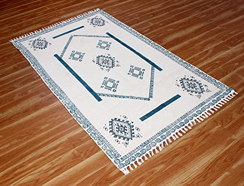 Casavani Hand Block Printed Cotton Dhurrie Geometric Tassel Rug Boho Area Rug Easy Care Washable Rugs for Doormat Entryway Living Room Bedroom Hallway Balcony 12x15 Feet