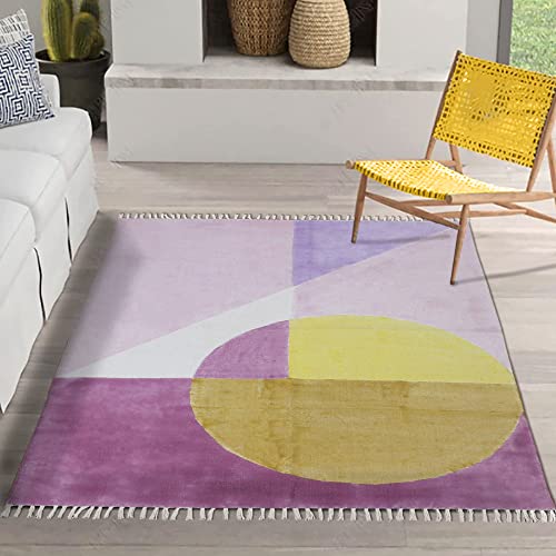 Casavani Hand Block Printed Cotton Dhurrie Geometric Pink & Yellow Tassel Rug Easy Care Washable Rugs for Doormat Entryway Living Room Bedroom Hallway Balcony 7x10 Feet