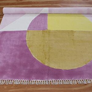 Casavani Hand Block Printed Cotton Dhurrie Geometric Pink & Yellow Tassel Rug Easy Care Washable Rugs for Doormat Entryway Living Room Bedroom Hallway Balcony 7x10 Feet