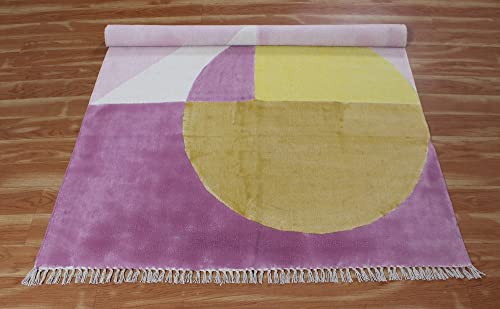 Casavani Hand Block Printed Cotton Dhurrie Geometric Pink & Yellow Tassel Rug Easy Care Washable Rugs for Doormat Entryway Living Room Bedroom Hallway Balcony 7x10 Feet