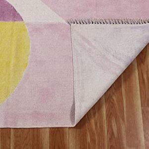 Casavani Hand Block Printed Cotton Dhurrie Geometric Pink & Yellow Tassel Rug Easy Care Washable Rugs for Doormat Entryway Living Room Bedroom Hallway Balcony 7x10 Feet