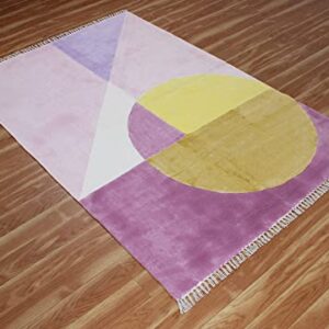 Casavani Hand Block Printed Cotton Dhurrie Geometric Pink & Yellow Tassel Rug Easy Care Washable Rugs for Doormat Entryway Living Room Bedroom Hallway Balcony 7x10 Feet