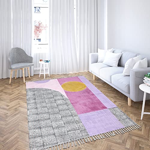 Casavani Hand Block Printed Rug Geometric Blue & Pink Tassel Rug Boho Area Rug Easy Care Washable Rugs for Doormat Entryway Living Room Bedroom Hallway Balcony 10x10 Feet Square