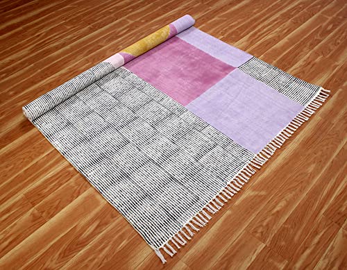 Casavani Hand Block Printed Rug Geometric Blue & Pink Tassel Rug Boho Area Rug Easy Care Washable Rugs for Doormat Entryway Living Room Bedroom Hallway Balcony 10x10 Feet Square