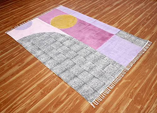 Casavani Hand Block Printed Rug Geometric Blue & Pink Tassel Rug Boho Area Rug Easy Care Washable Rugs for Doormat Entryway Living Room Bedroom Hallway Balcony 10x10 Feet Square