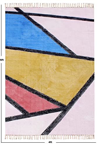 Casavani Hand Block Printed Cotton Dhurrie Geometric Pink & Yellow Area Rug Doormat Floor Rug Indoor Area Rugs for Bedroom Living Room Laundry Room 3x20 Feet Runner