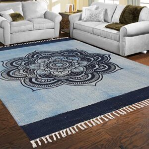 casavani indian handmade cotton dhurrie floral blue & black area rug boho kilim flat weave rug indoor hall room decor carpet throw rugs for bedroom living room bathroom balcony 2x3 feet