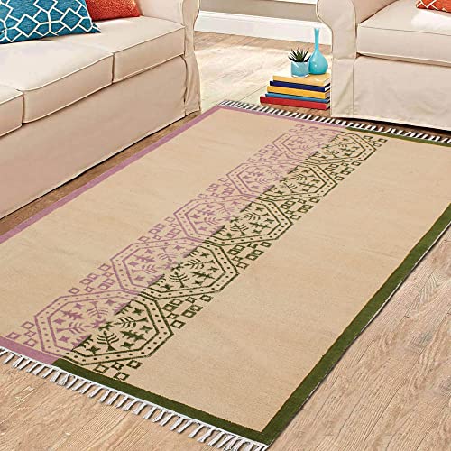 Casavani Indian Handmade Cotton Dhurrie Striped Green & Pink Area Rug Boho Kilim Flat Weave Rug Indoor Hall Room Decor Carpet Throw Rugs for Bedroom Living Room Bathroom Balcony 9x9 Feet Square