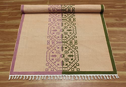 Casavani Indian Handmade Cotton Dhurrie Striped Green & Pink Area Rug Boho Kilim Flat Weave Rug Indoor Hall Room Decor Carpet Throw Rugs for Bedroom Living Room Bathroom Balcony 9x9 Feet Square