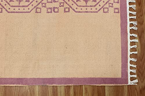 Casavani Indian Handmade Cotton Dhurrie Striped Green & Pink Area Rug Boho Kilim Flat Weave Rug Indoor Hall Room Decor Carpet Throw Rugs for Bedroom Living Room Bathroom Balcony 9x9 Feet Square