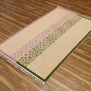 Casavani Indian Handmade Cotton Dhurrie Striped Green & Pink Area Rug Boho Kilim Flat Weave Rug Indoor Hall Room Decor Carpet Throw Rugs for Bedroom Living Room Bathroom Balcony 9x9 Feet Square