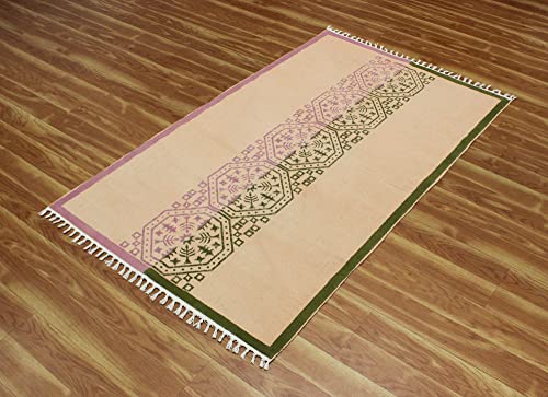 Casavani Indian Handmade Cotton Dhurrie Striped Green & Pink Area Rug Boho Kilim Flat Weave Rug Indoor Hall Room Decor Carpet Throw Rugs for Bedroom Living Room Bathroom Balcony 9x9 Feet Square