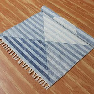 Casavani Hand Block Printed Cotton Dhurrie Striped Blue Tassel Rug Easy Care Washable Rugs for Doormat Entryway Living Room Bedroom Hallway Balcony 2x3 Feet