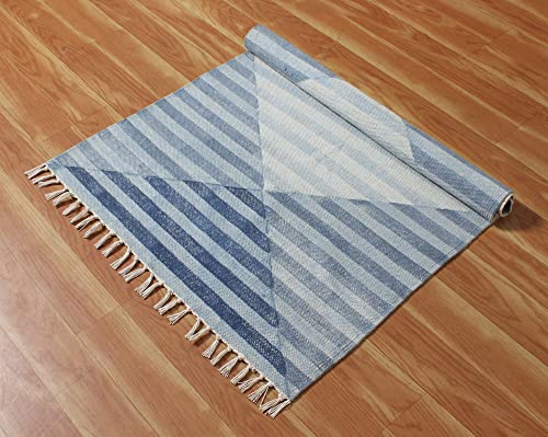 Casavani Hand Block Printed Cotton Dhurrie Striped Blue Tassel Rug Easy Care Washable Rugs for Doormat Entryway Living Room Bedroom Hallway Balcony 2x3 Feet